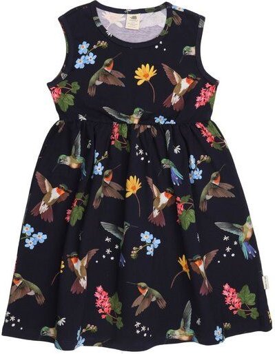 Thumbnail - Mädchen Kleid – Bio-Baumwolle, ärmellos, Dunkelblau mit Kolibri- & Blumenprint, bequem | Walkiddy
