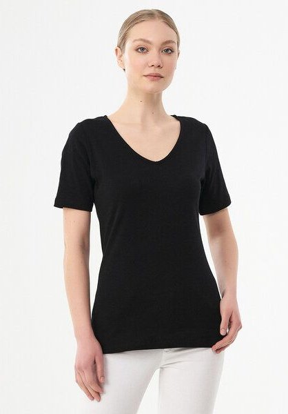 ORGANICATION Geripptes T-Shirt aus Bio-Baumwolle mit V-Ausschnitt