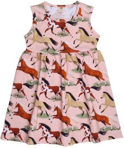 Kleinkinder Kleid GOTS zertifiziert – Rosa mit Pferdemotiv, Kurzarm, weich & bequem | von Walkiddy