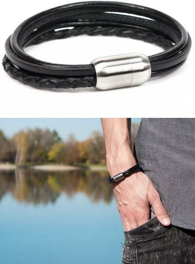 Simaru Herren Lederarmband Echtleder Wickelarmband mit Magnetverschluss