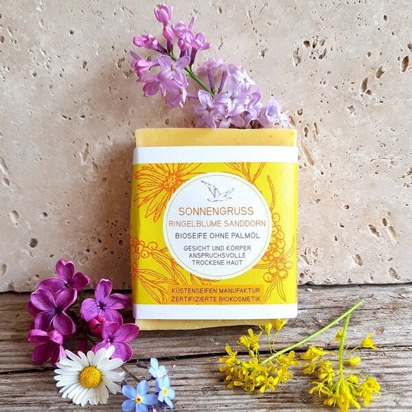 Thumbnail - Küstenseifen Manufaktur Sonnengruß - Bioseife Sandornöl & Ringelblume für trockene Haut - Biokosmetik