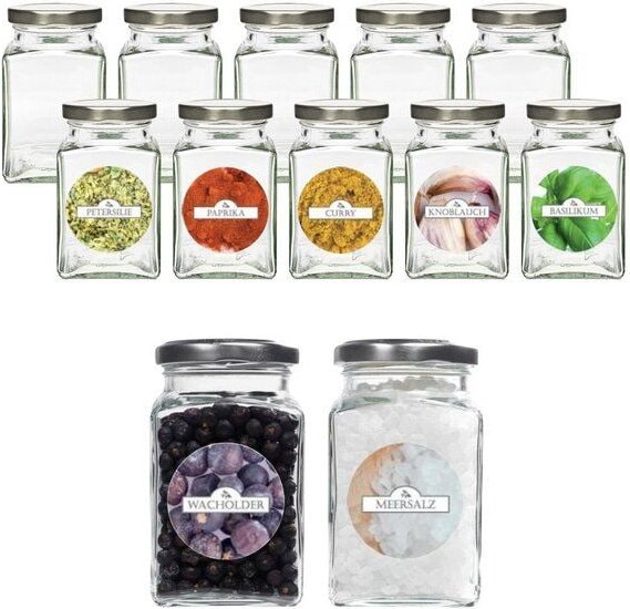 mikken 12er Set Gewürzgläser 260 ml mit Blueseal Deckel und Gewürzetiketten