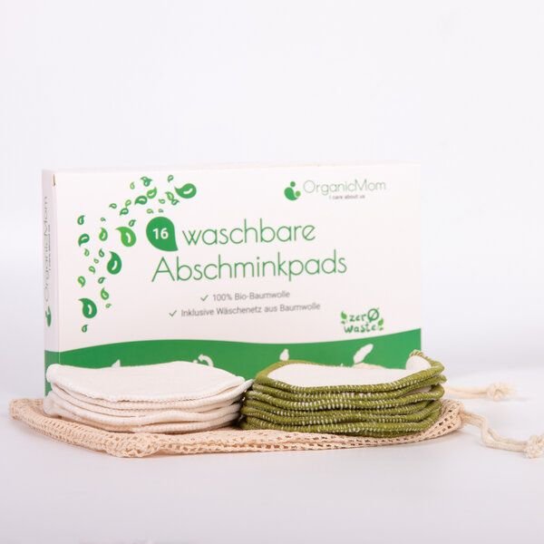 OrganicMom® 16 Bio-Baumwolle Abschminkpads waschbar in natur + grün inkl. Baumwollbeutel