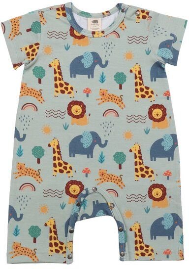 Baby Kurzarm-Strampler GOTS zertifiziert – Mintgrün mit Safari-Motiven, weich & bequem | von Walkiddy