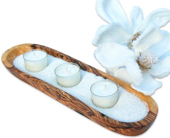 Olivenholz erleben Kerzenhalter-Set WELLNESS inkl. Sand & 3 Teelichtern