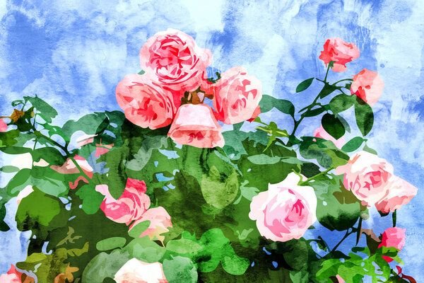 Photocircle Poster / Leinwandbild - Sweet Rose Garden, Nature Botanical Watercolor Painting, Summer Floral Plants Meadow