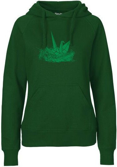 HANDGEDRUCKT "Origami-Kranich" Frauen HOODY aus reiner Biobaumwolle (kbA)