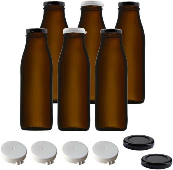mikken 6x Milchflasche braun 500 ml Glasflasche mit Deckel + Frischhaltedeckel und Etiketten