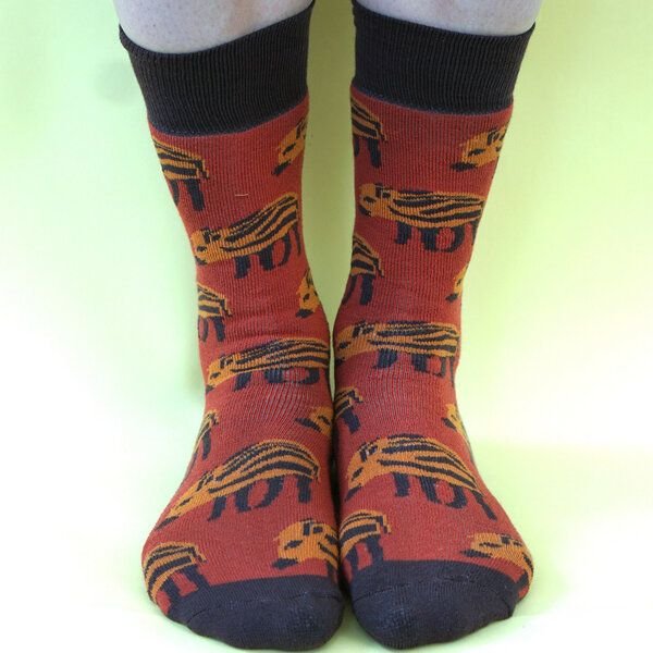 Fräulein Prusselise Dicke Wildschwein Frottee Socken rostrot, bunt gemustert