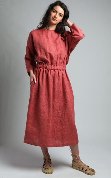 KNOTIUM JOURNEY Midi-Leinenkleid mit elastischem Bund