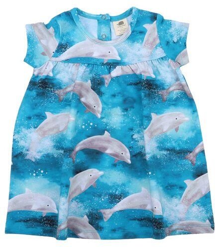 Kinderkleid GOTS zertifiziert, blau, Delfin-Allover „Happy Dolphins“, Kurzarm, weich – Walkiddy