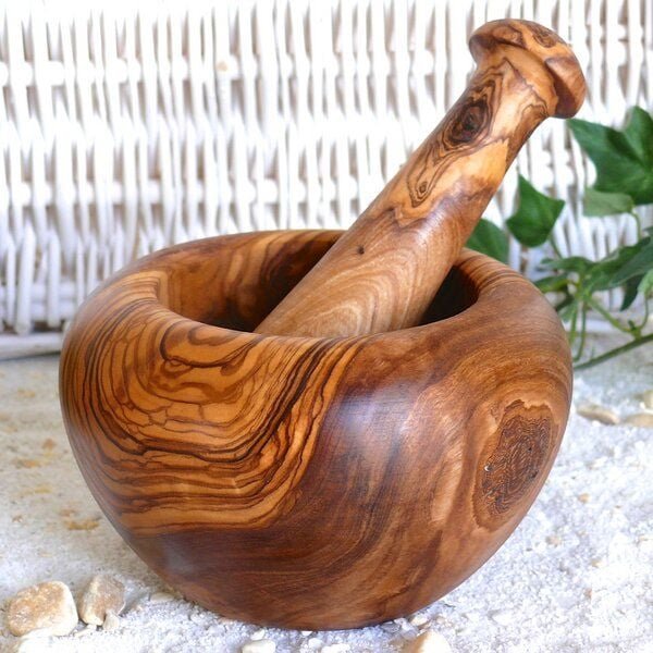 Olivenholz erleben Mörser RUND inkl. Stößel (ca. 14 cm) aus Olivenholz