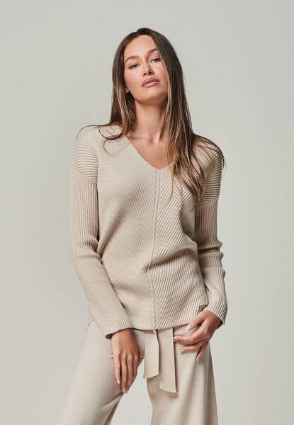 YOU LOOK PERFECT 100% Merino Rippen-Strickpullover mit V-Ausschnitt "Blossom"