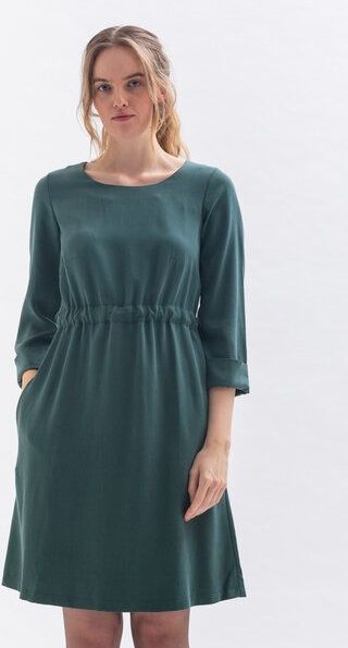 Studio Hertzberg Knielanges Kleid WAR-RISS mit schmalem Gürtel und Ärmelaufschlag aus Tencel