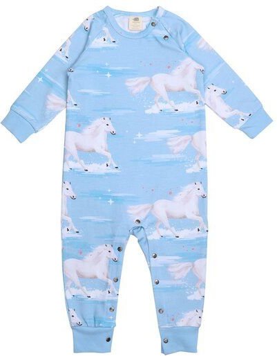Baby Strampler GOTS zertifiziert, Bio-Baumwolle, hellblau, Pferde-Muster „White Horses“, Langarm, weich – Walkiddy
