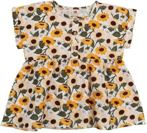 Mädchen Bluse GOTS zertifiziert, Bio-Baumwolle, „Sunflowers“, Blumenmuster, Kurzarm, leicht & weich – Walkiddy