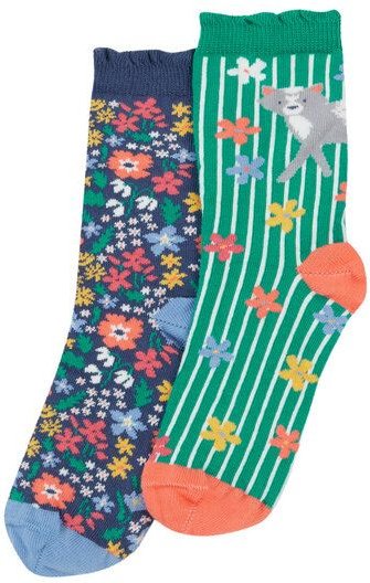 Frugi Socken Zweierpack mit gekräuseltem Rand, Blumenwiese und Katze