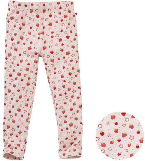 People Wear Organic Leggings mit Häkelkante am Beinsaum, hellrosa mit Druck "Erdbeeren", aus Bio-Baumwolle