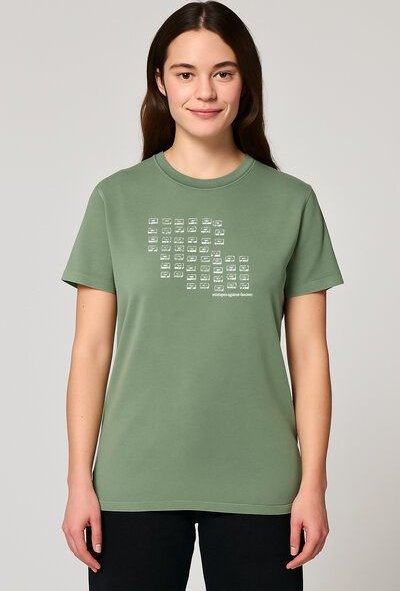 ilovemixtapes Unisex T-Shirt „Mixtapes Against Fascism“ – Bio-Baumwolle, Stone Washed Sage Green, Denim Blue & Black, Fa...