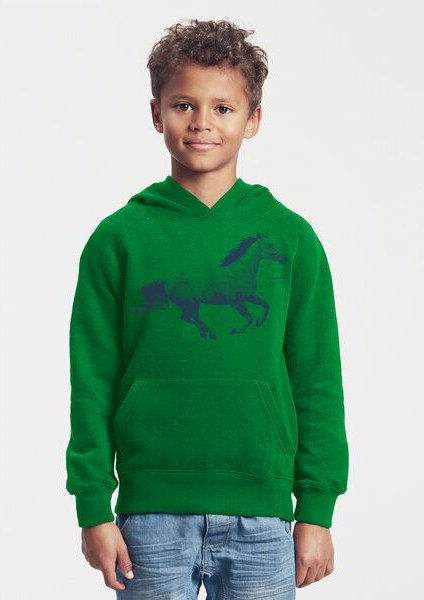 Peaces.bio - handbedruckte Biomode Bio-Kinder-Kapuzen-Sweatshirt "Horsepower"