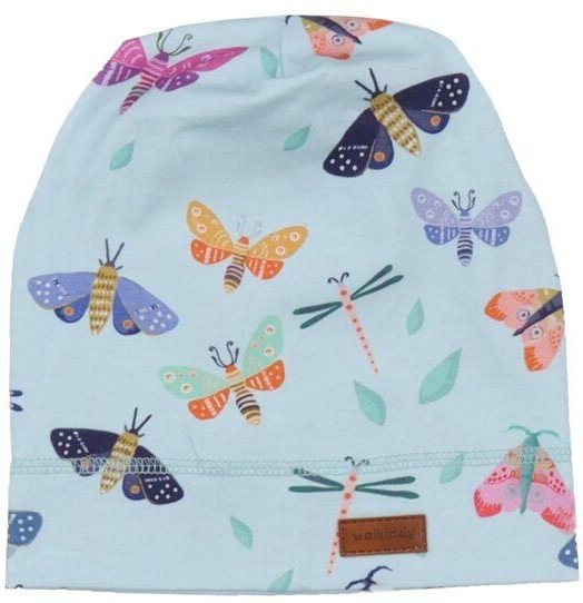 Baby Beanie GOTS zertifiziert Bio-Baumwolle mit Elasthan, Hellblau, Schmetterling-Muster, Walkiddy