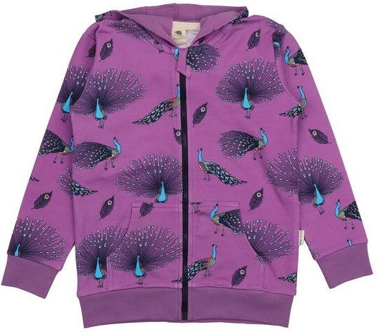 Kinder Sweatjacke GOTS zertifiziert, Bio-Baumwolle, lila, Pfauen-Muster „Fancy Peacocks“, Kapuze, Reißverschluss – Walki...