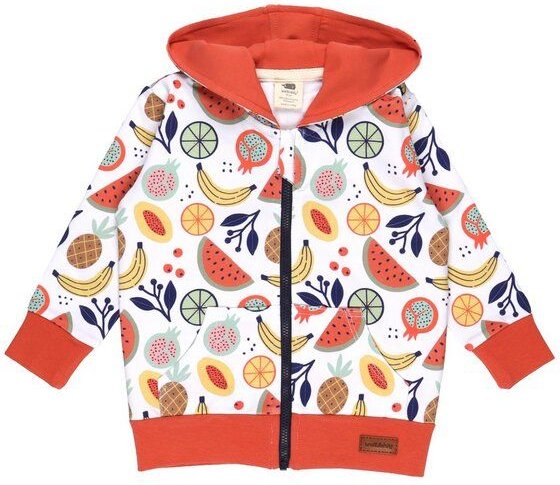 Kinder Sweatjacke GOTS-zertifiziert aus Bio-Baumwolle, Cheerful Fruits, bunt mit Kapuze & Reißverschluss – Walkiddy, wei...