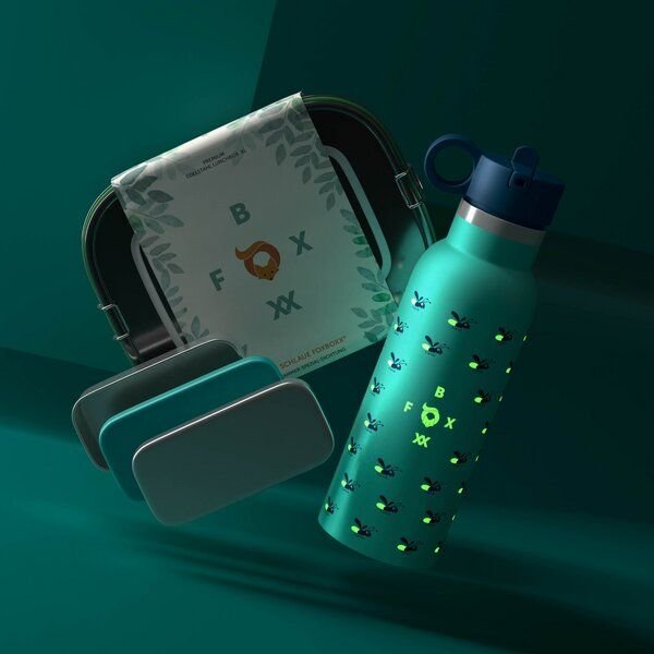 FOXBOXX FIREFLY Set,- FIREFLY LEUCHT Flasche 0,35 / 0,5 + Edelstahl Lunchbox special 800/1200ml Snackbox