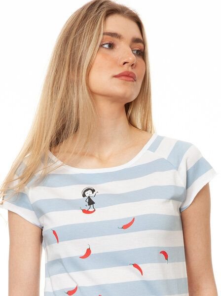 FellHerz Damen T-Shirt Red Chilli Cap Sleeve block striped light blue Bio Fair und Vegan