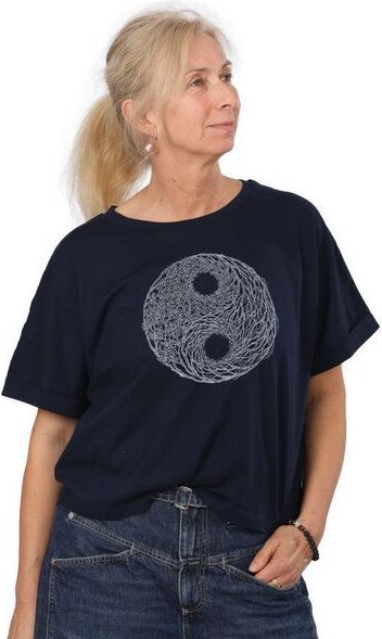 Life-Tree Organic Fairwear Oversize Fit Shirt Women "YinYang" in Navy Blue/ Serena Blue