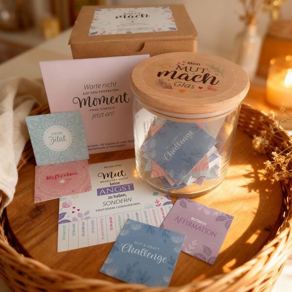 Ideenverlag Hamburg Gedankenglas „Mut“ mit 52 Mutkarten & Holzdeckel | Motivationsglas für mehr Selbstvertrauen – nachha...