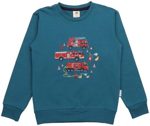 Thumbnail - Kinder Sweatshirt GOTS-zertifiziert aus Bio-Baumwolle, petrol mit Feuerwehr-Motiv, langarm – Walkiddy, weich, hautfreund...