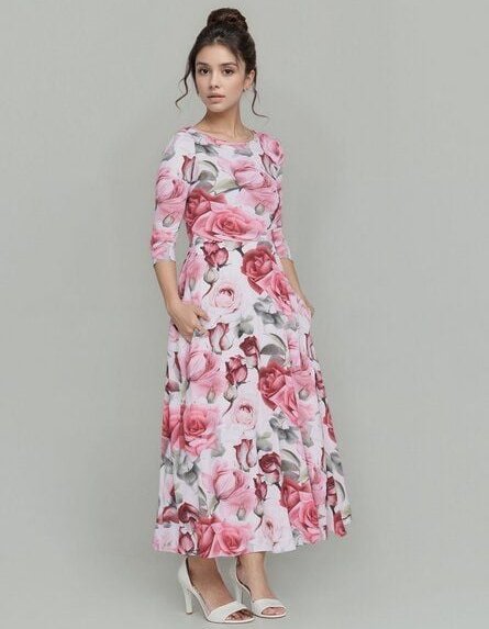 Ingoria AMELIA zeitloses Maxi-Wendekleid mit Taillenschnürung 3/4 Arm (Print)