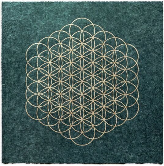 Veskor Cassiopeia BLUME DES LEBENS Heilige Geometrie Linoldruck | 35 × 35 cm | Gold auf Smaragdgrün