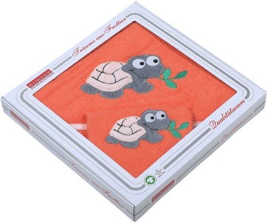 Wörner Baby Kapuzenbadetuch Set mit Waschhandschuh "Schildkröte" GOTS zertifiziert