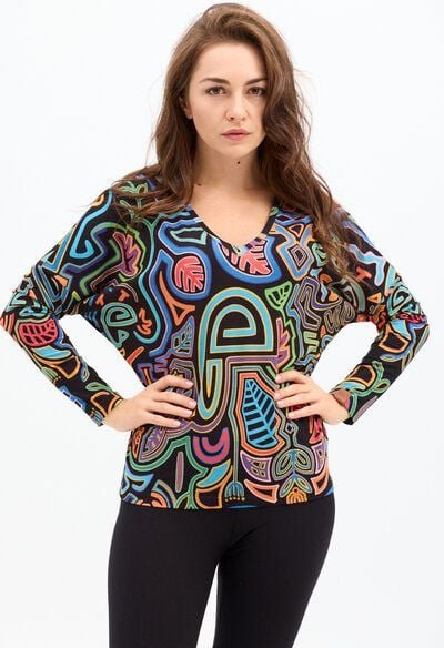 Bluse Saja Longsleeve – Viskose farbenfroher KOKOworld Print weiter Schnitt V-Ausschnitt – perfekt für Yoga – Fair produ...