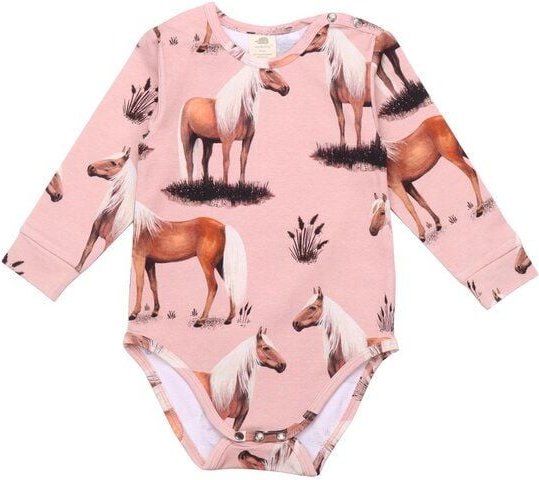 Walkiddy Langarm Body - Beauty Horses Rosa - Nachhaltige, Allergiefreundliche Kinderbekleidung – GOTS zertifiziert