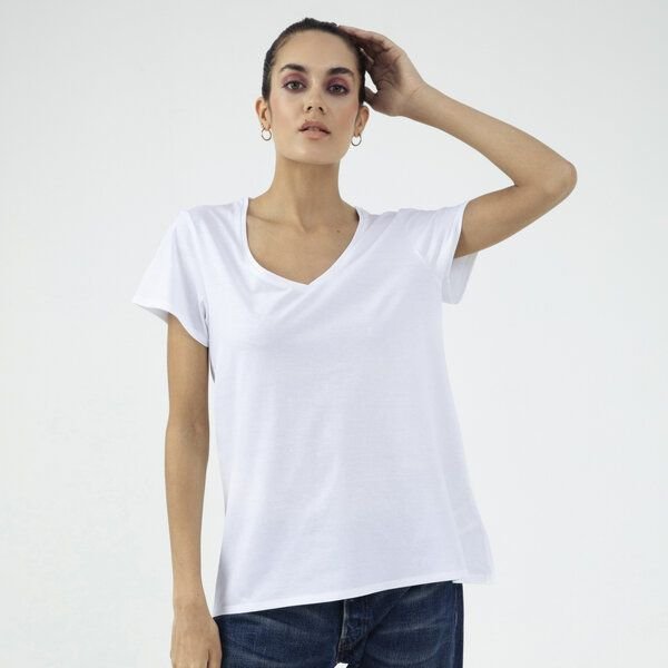 d'Els Rebecca Damen V-Neck Kurzarm T-Shirt aus Single Jersey Bio Baumwolle