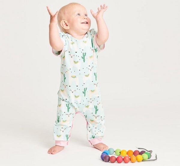 Cheeky Apple Kurzarm-Strampler aus Bio-Baumwolle "Alpakas" Rosa/Türkis