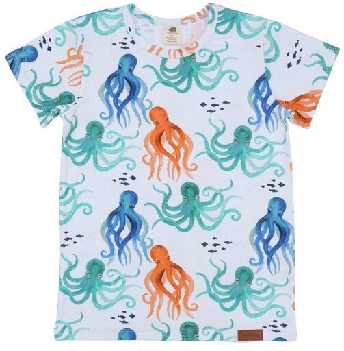 Baby T-Shirt – Weiß mit Oktopusmotiv, Kurzarm, weich & bequem | von Walkiddy