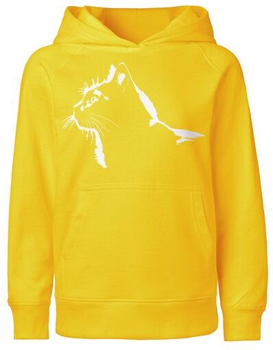 HANDGEDRUCKT "Stubentiger" Kinder-Hoody aus reiner Biobauwolle (kbA) Katze