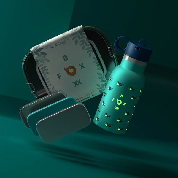 FOXBOXX FIREFLY Set,- FIREFLY LEUCHT Flasche 0,35 / 0,5 + Edelstahl Lunchbox special 800/1200ml Snackbox