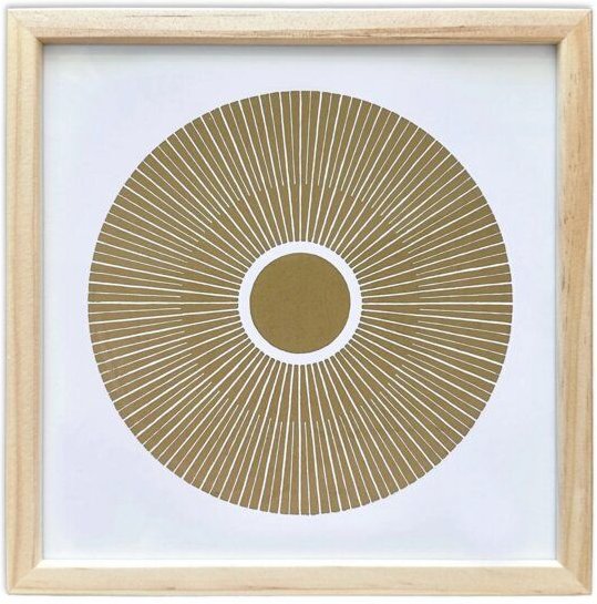 Veskor Cassiopeia Gerahmt | CENTRAL SUN Heilige Geometrie Sonnen-Linoldruck | 20 × 20 cm in 22 × 22 cm Rahmen | Gold