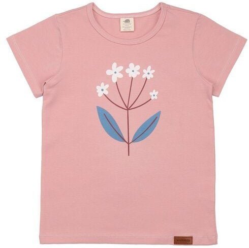 Kinder T-Shirt GOTS zertifiziert – Bio-Baumwolle, Rosa mit kleinem Blumenmotiv, Kurzarm, weich | Walkiddy