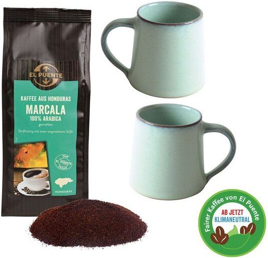 El Puente "Have a cup of coffee with me" Geschenk-Set mit Fair Trade Bio-Kaffeebohnen und Handmade Keramik Bechern