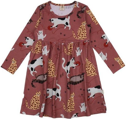 Kinderkleid GOTS zertifiziert – 95% Bio-Baumwolle, Katzenmotiv, Langarm, Rosa | Walkiddy