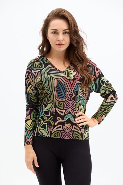 Bluse Saja Longsleeve – Viskose farbenfroher KOKOworld Print weiter Schnitt V-Ausschnitt – perfekt für Yoga – Fair produ...