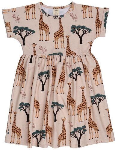 Kinder Kleid GOTS-zertifiziert aus Bio-Baumwolle, beige mit Giraffenprint, kurzarm, schwingender Rock – Walkiddy Giraffe...