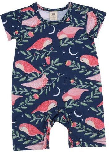 Baby Strampler GOTS zertifiziert, dunkelblau, Vogel-Allover „Pinky Birds“, Kurzarm, weich – Walkiddy