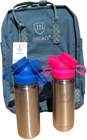 JN JuNiki's Set: 2x JuNiki´s® 550ml Edelstahl Trinkflasche isoliert Pink / Blau + Rucksack